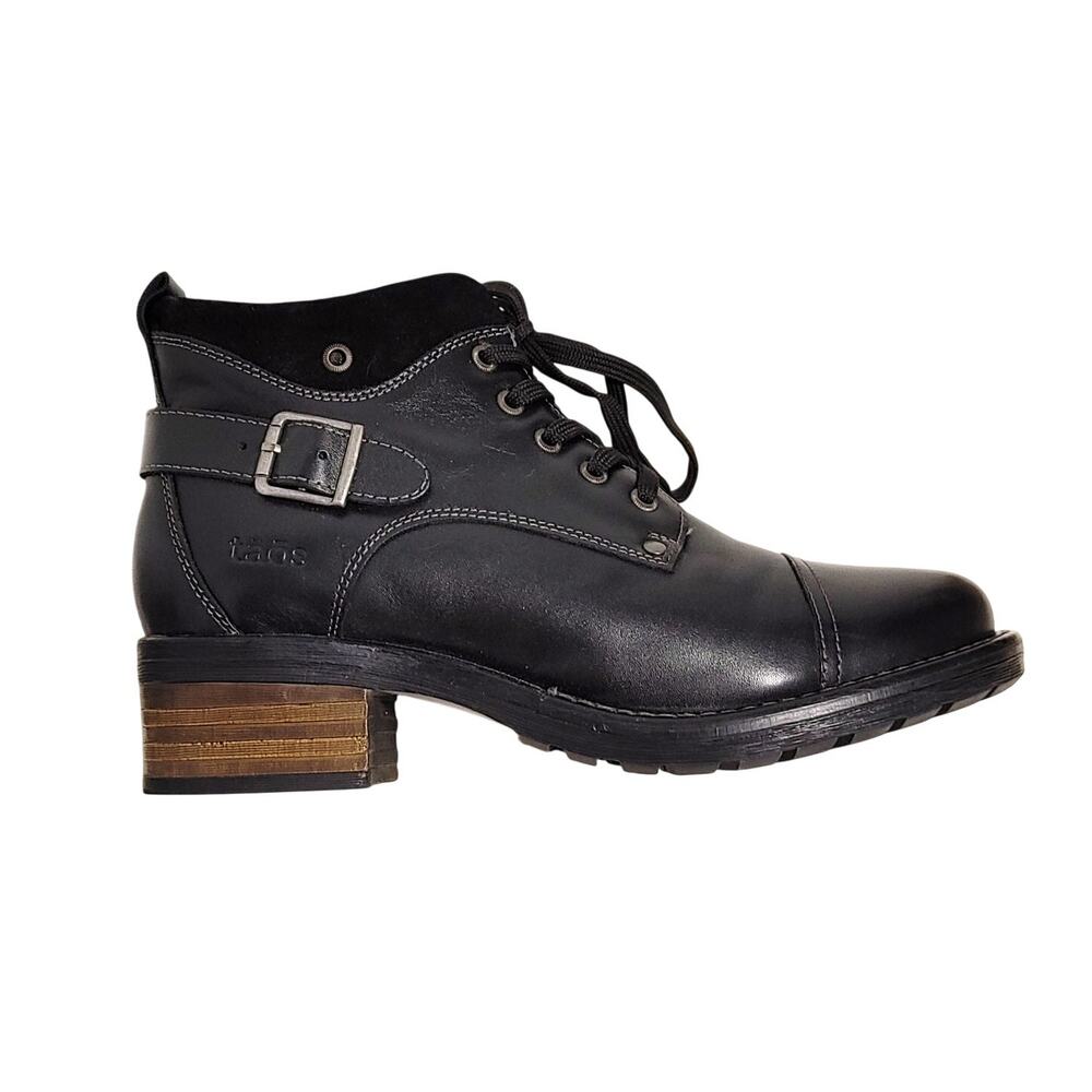 Taos Mini Crave Black Leather Boots 8.5 39 Lace Up Side Zip Buckle Combat Ankle